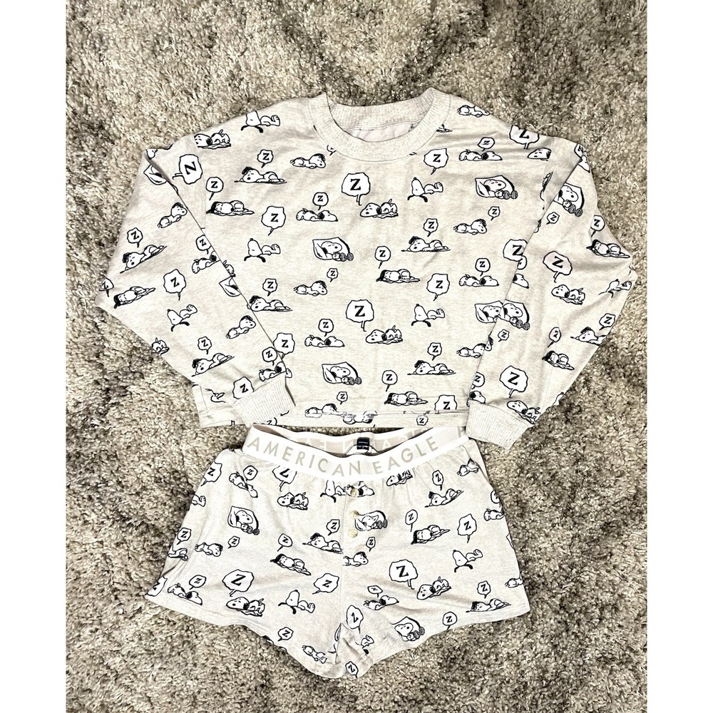 American Eagle Peanuts Snoopy Plush Pajama Set Grey Heather 2pc Size Small